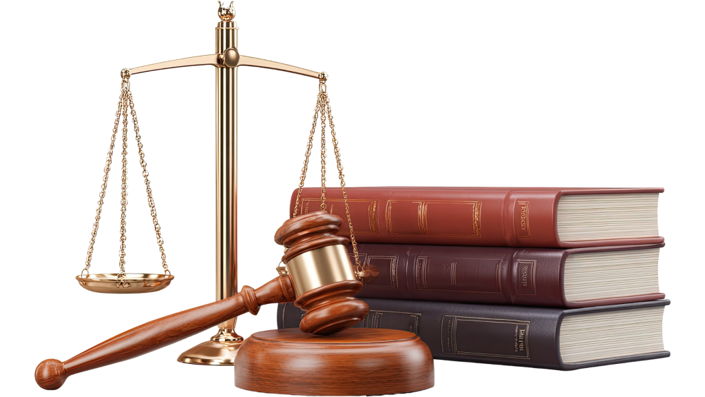 Gavel, scales of justice, and legal books.